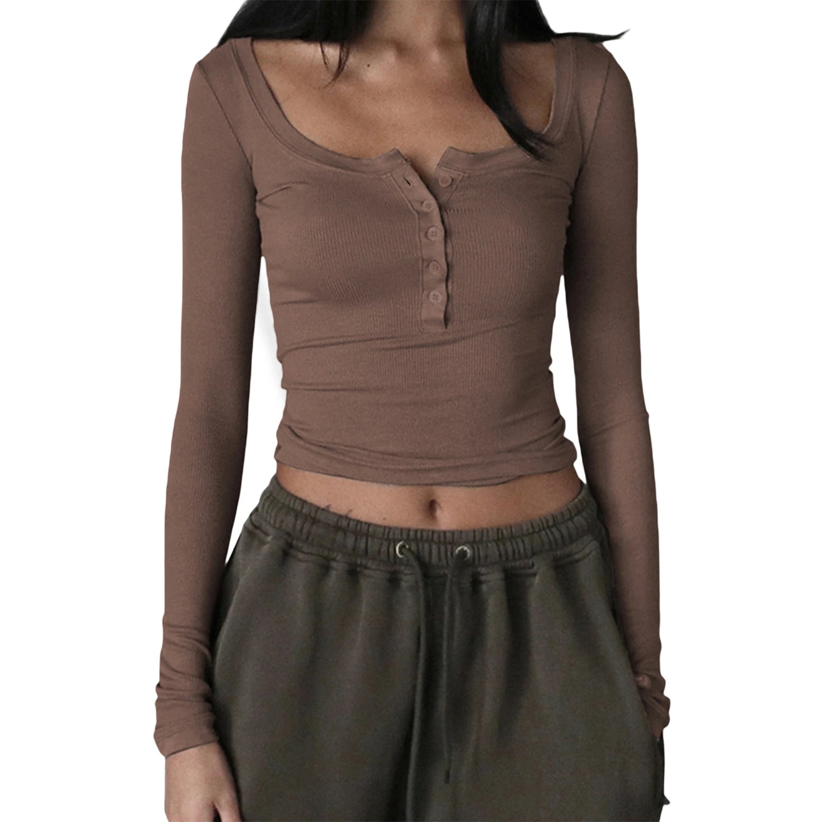 New Fashion Women Knitted Henley Shirt Casual Solid Color Retro 1/2 Button Long Sleeve Crop Tops Streetwear Clubwear