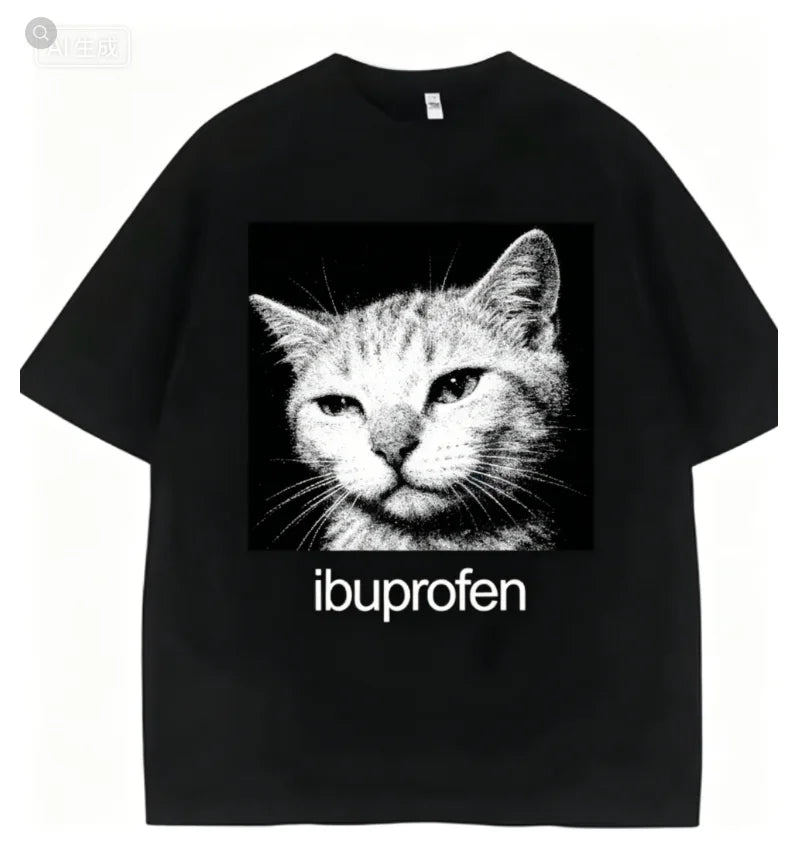 2026 Vintage Funny Ibuprofen Cat Meme Graphic T Shirt Men Women Humor Fashion T Shirts Oversized Casual Streetwear T-shirts