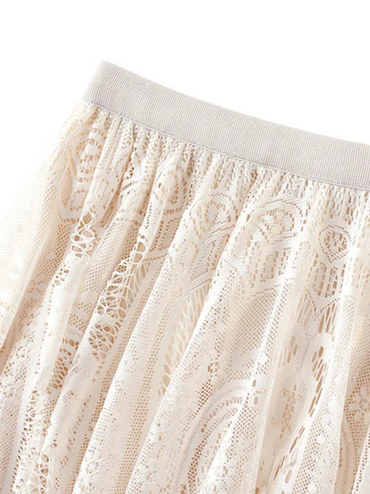 Spring Summer Women Lace Skirts Solid High Waist Elastic Vintage Elegant Office Ladies White Black Chic Long Skirts Jupe Longue