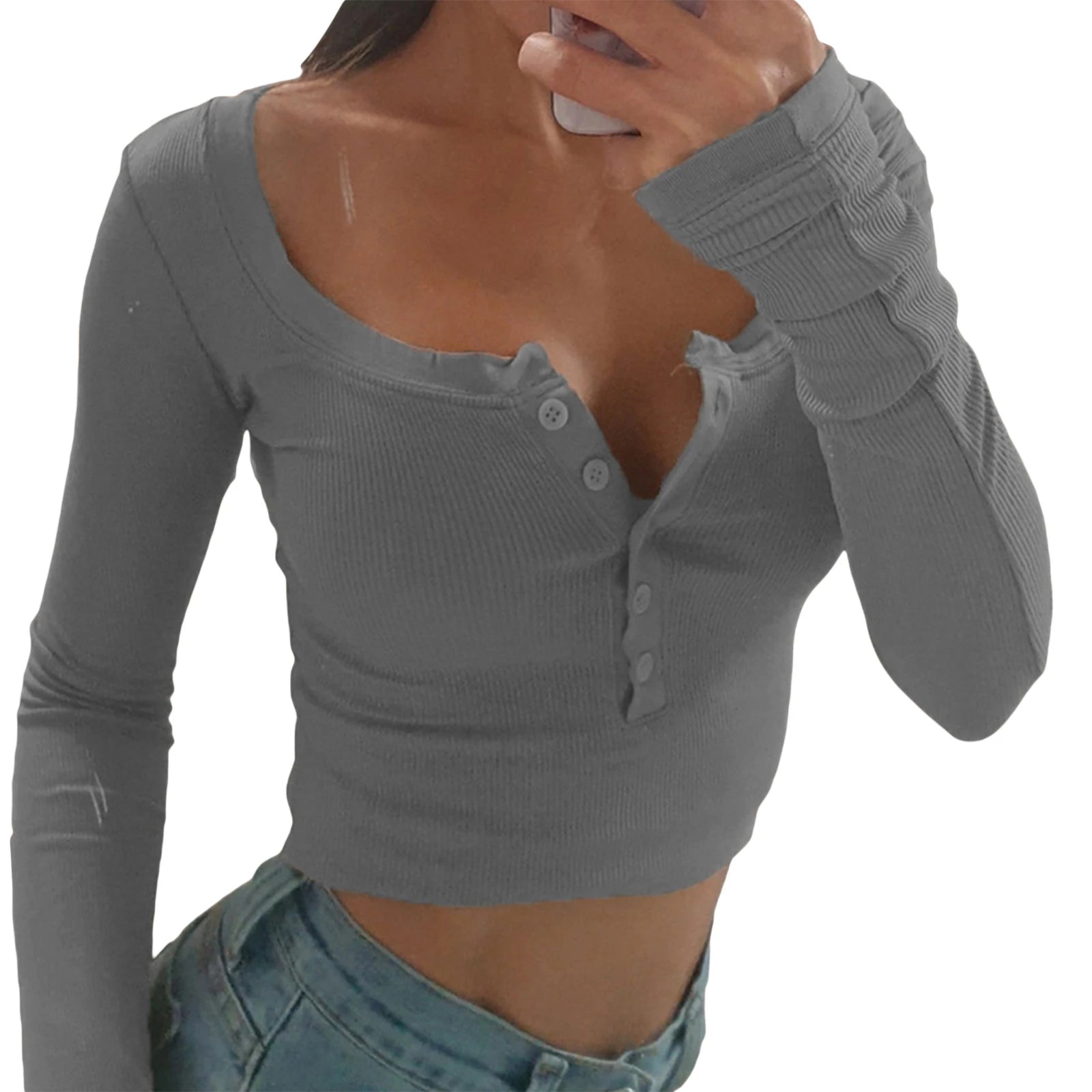 New Fashion Women Knitted Henley Shirt Casual Solid Color Retro 1/2 Button Long Sleeve Crop Tops Streetwear Clubwear
