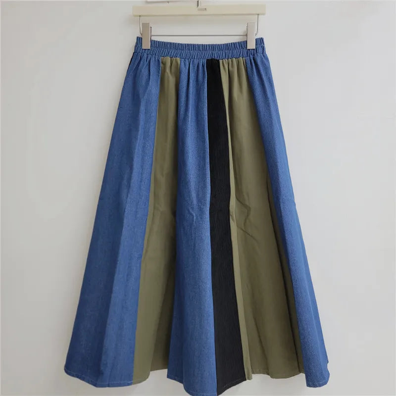 Retro Contrasting Color Plaid Splicing Skirt, Women's 2026 Autumn and Winter New High-waisted Versatile A-lime Big Swing Skirts
