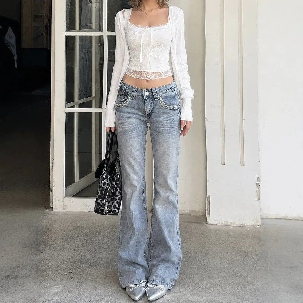 New retro light blue mid-waist women leopard print splicing design goth fashion high street casual slim flared pants