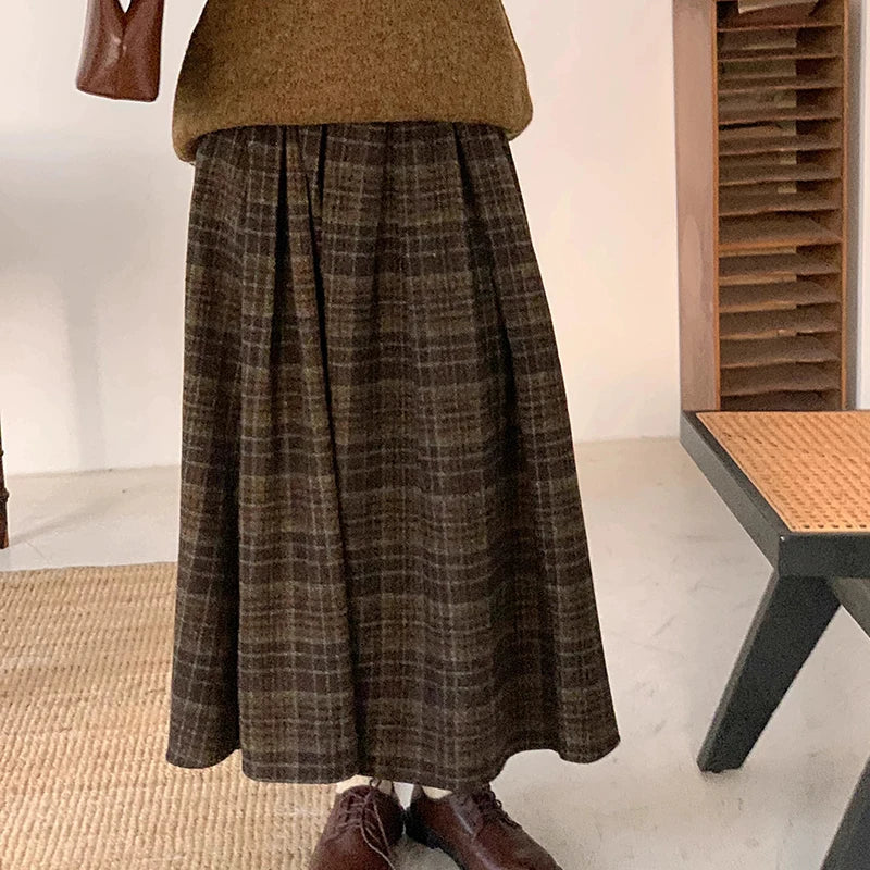 Vintage Women Long Plaid Thick Pleated Faux Woolen Skirts For Ladies Autumn Winter A-Line Loose Casual High Waist Midi Skirt SK4