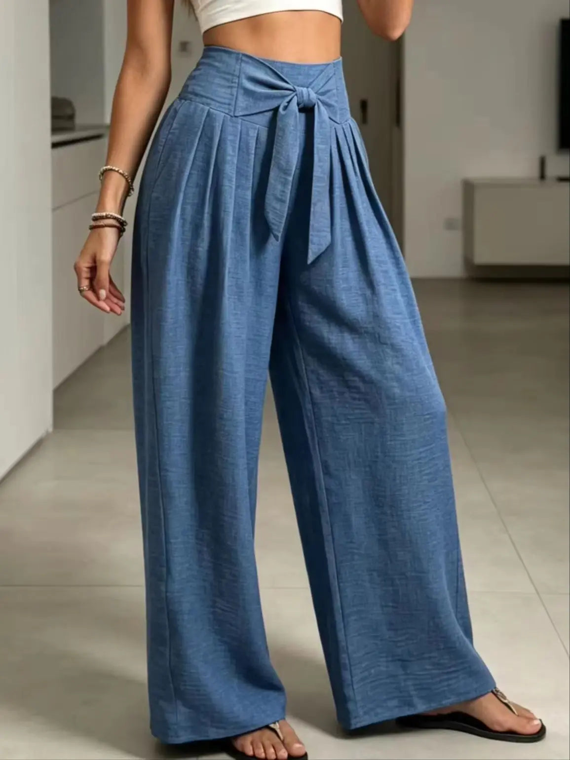 Summer New Elegant Chic Minimalist Solid Color High Waist Knit Tie Waist Loose Casual Lazy Daily All-Match Women's Pants