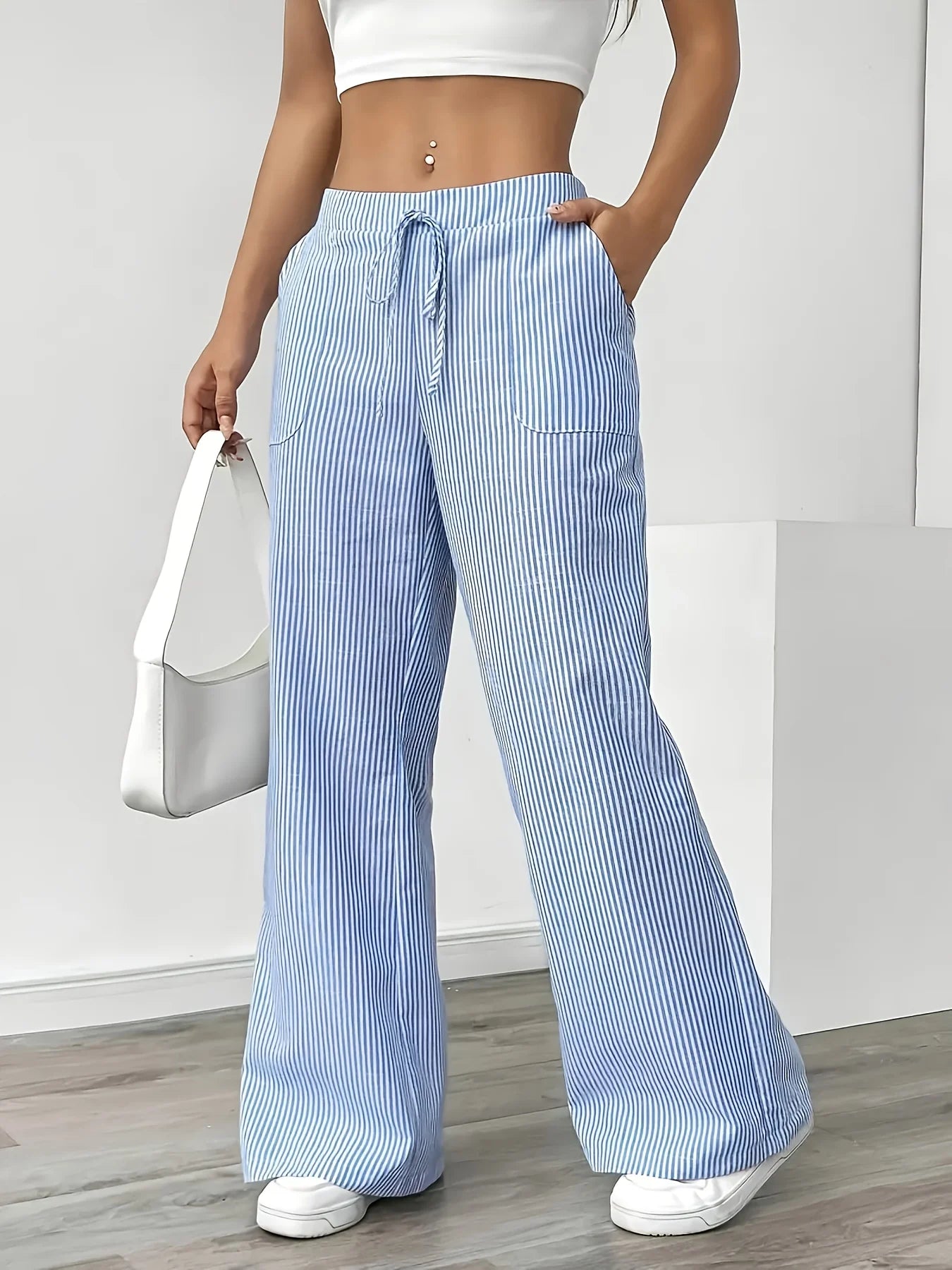 New Women's Casual Striped Sports Pants Popular Fashionable Blue Pocket Pants for Women