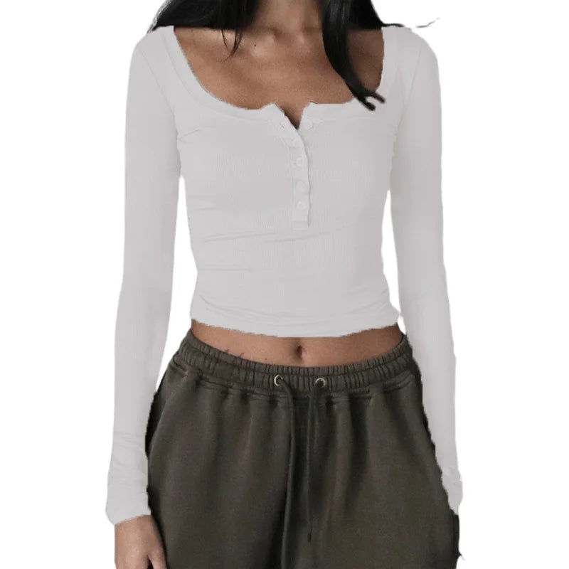 New Fashion Women Knitted Henley Shirt Casual Solid Color Retro 1/2 Button Long Sleeve Crop Tops Streetwear Clubwear