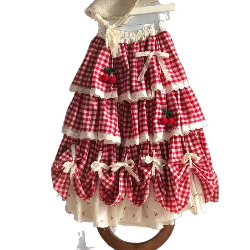 2026 New Sweet Lolita Plaid Layered Skirt Street Red White Ging...