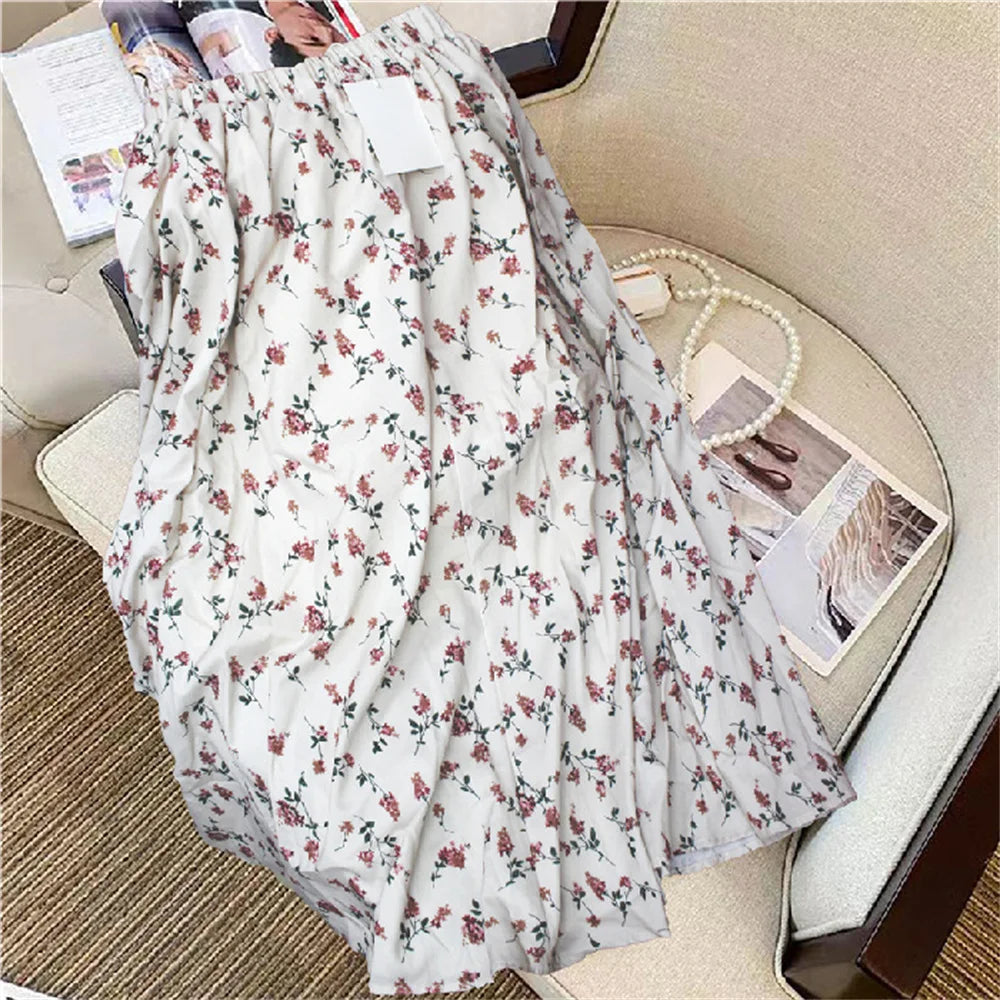 Vintage Floral Print A-line Pleated Long Skirts Summer Women 2026 Korean Skirt Streetwear Drawstring Elastic Waist Midi Skirt
