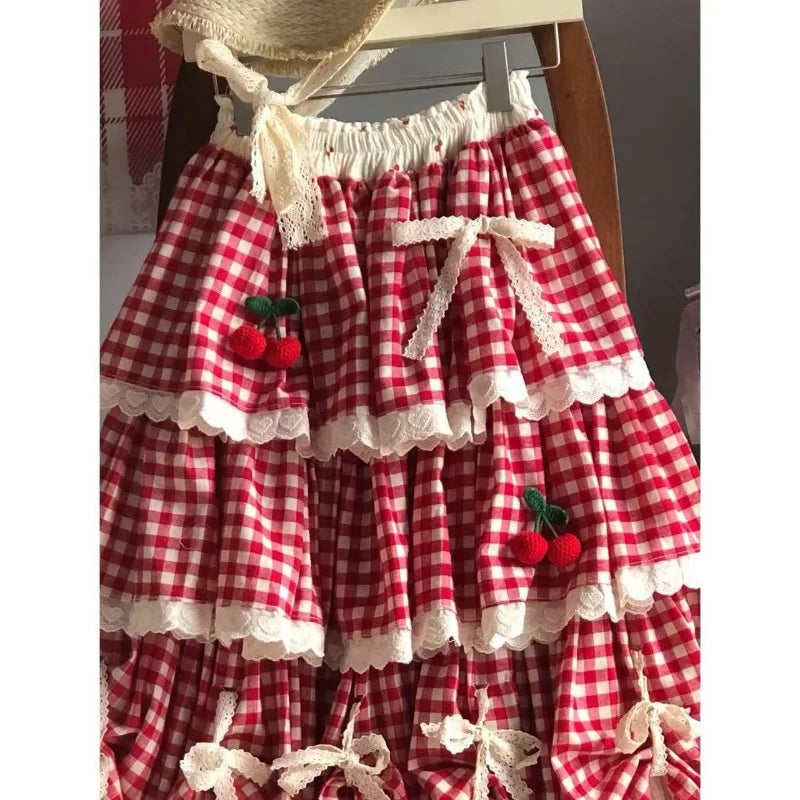 2026 New Sweet Lolita Plaid Layered Skirt Street Red White Gingham Cherry Bow Lace Ruffle Tiered High Waist A‑Line Midi Skirts