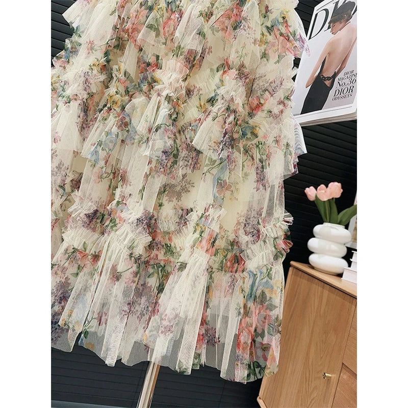 MEXZT Vintage Tulle Midi Skirt Women Elegant Floral Ruffles Pleated Skirts Summer Ladies Korean Print Mesh Design Casual Faldas