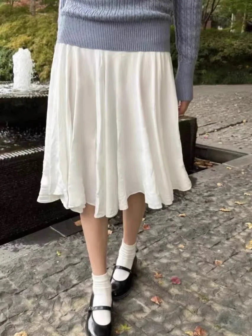 White Button-down Pleated Midi Skirt Women Streetwear Simple Loose Cotton Full A-line Skirts Sweet Preppy Style Cute Faldas Y2K