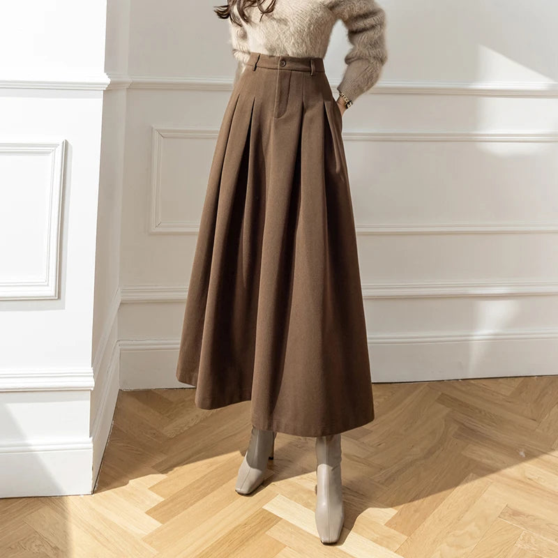 Vintage Winter Woolen Long Skirts For Women Streetwear High Waist Pleated Maxi Skirt Big Swing Folds A-Line Jupe Longues Femme
