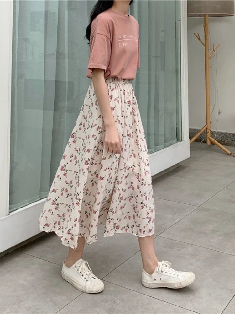 Vintage Floral Print A-line Pleated Long Skirts Summer Women 2026 Korean Skirt Streetwear Drawstring Elastic Waist Midi Skirt