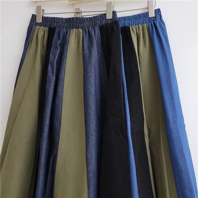 Retro Contrasting Color Plaid Splicing Skirt, Women's 2026 Autumn and Winter New High-waisted Versatile A-lime Big Swing Skirts