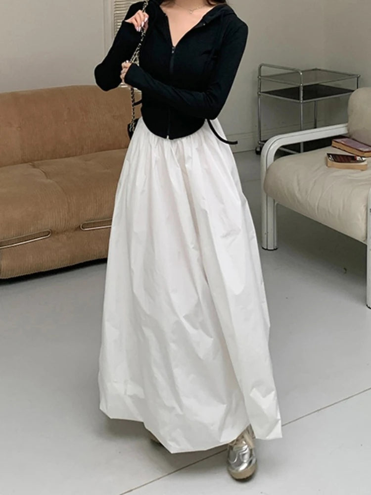 2026 Autumn New High Waist A-line Women Bud Skirt Flared Sporty Style Casual Solid Color Daily Wear Midi Skirts