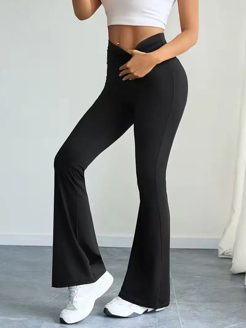 Women's High Waist Black Flare Pants, High‑Stretch Tummy‑Control Wide Waistband Flared Trousers, Slim Figure‑Flattering Height‑E