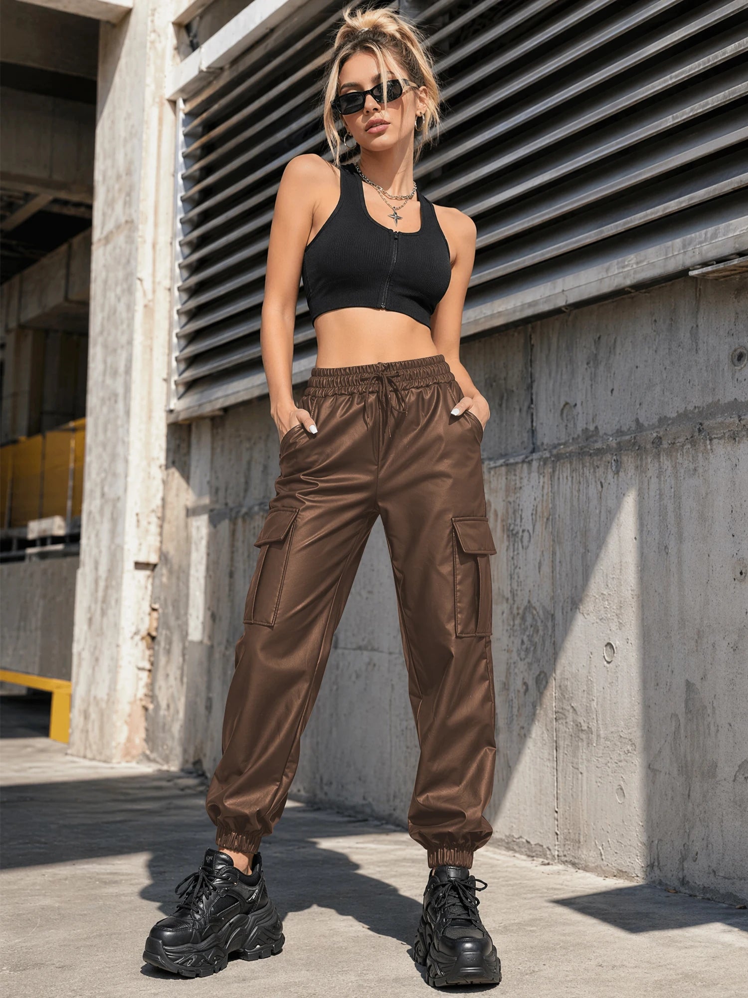 Women's  Pu Leather Cargo Joggers Pants Dressy Casual Silky Elastic High Waist Trousers