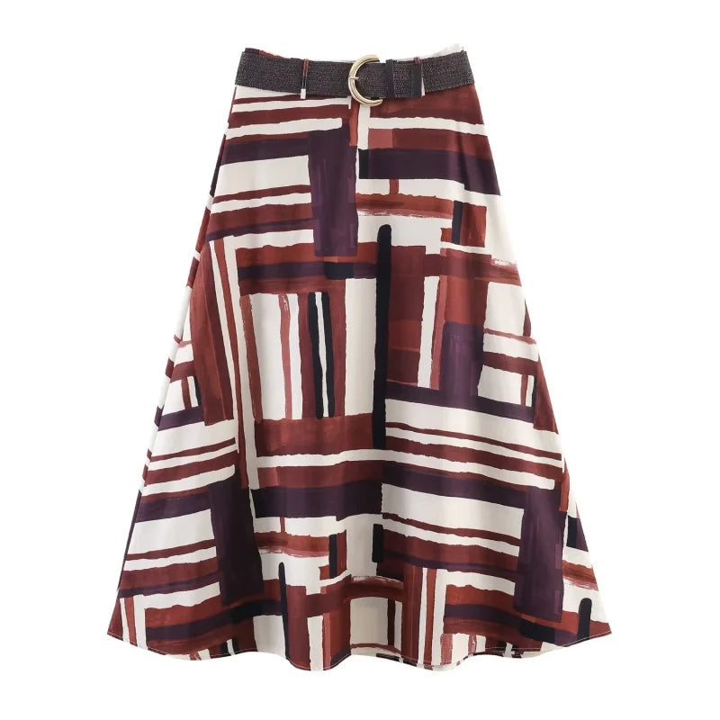 Women's Solid Color Print Midi Skirt With Belt Women Side Zipper A-Line Long Skirts Female Casual Vintage Wear 2026 New