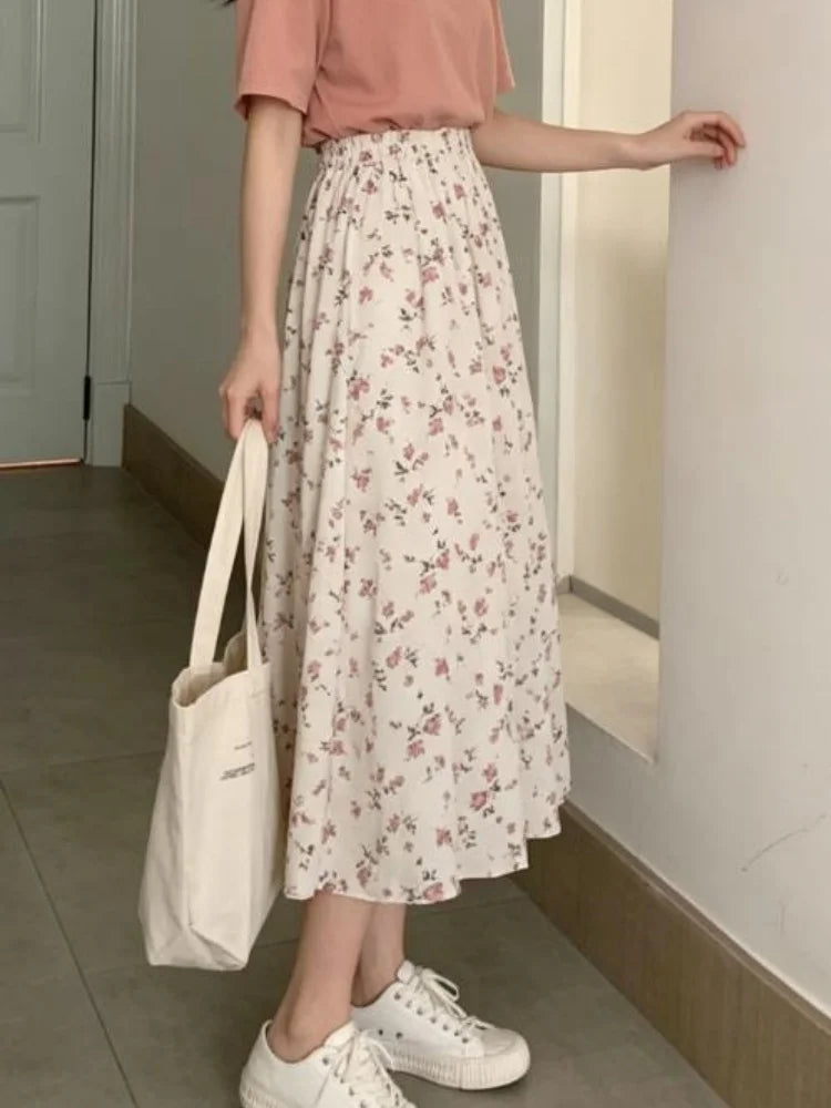 Vintage Floral Print A-line Pleated Long Skirts Summer Women 2026 Korean Skirt Streetwear Drawstring Elastic Waist Midi Skirt