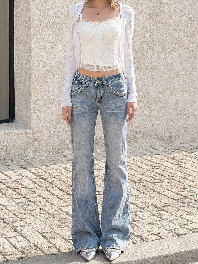 New retro light blue mid-waist women leopard print splicing design goth fashion high street casual slim flared pants