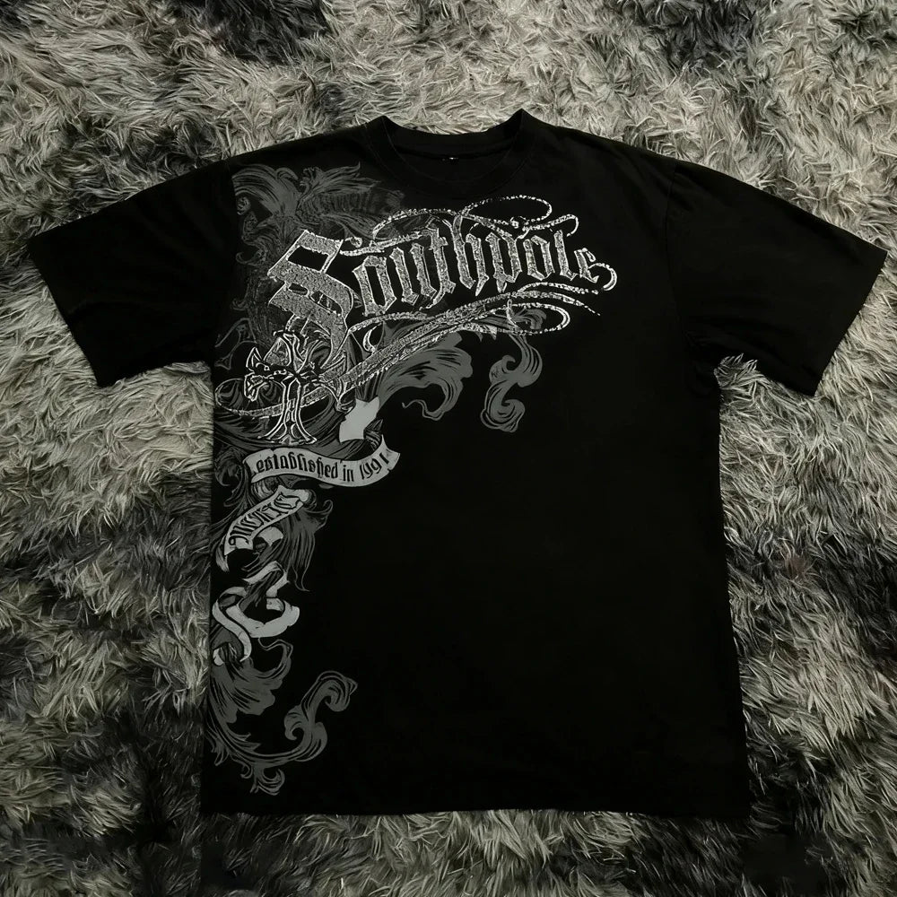 Classic Y2K Gothic Style T-shirt Print Oversized T Shirt High Street Shirts Gothic Round Neck Cotton Tops New Mens Women T Shirt