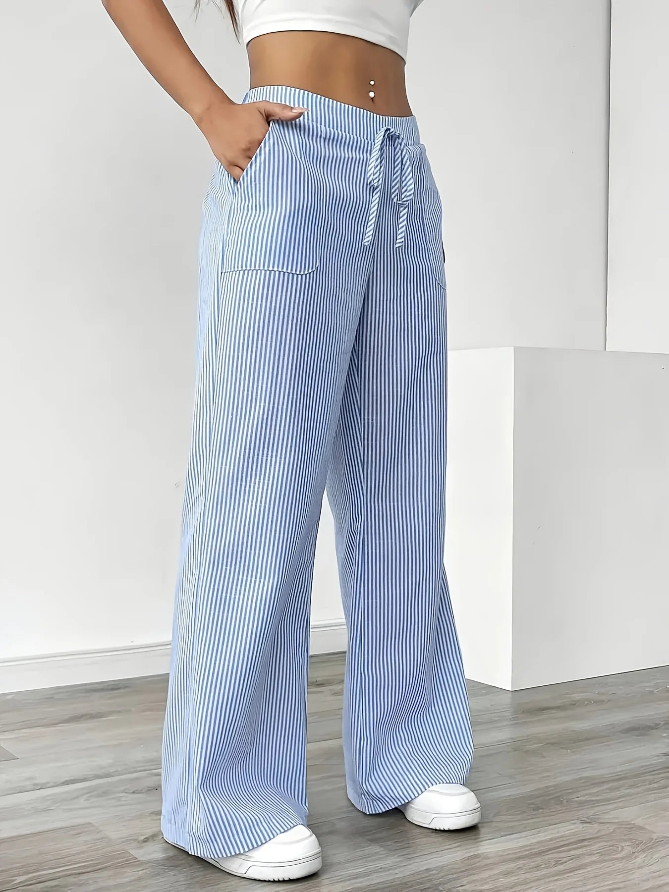 New Women's Casual Striped Sports Pants Popular Fashionable Blue Pocket Pants for Women
