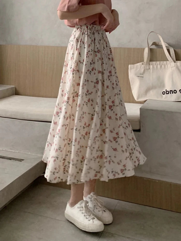 Vintage Floral Print A-line Pleated Long Skirts Summer Women 2026 Korean Skirt Streetwear Drawstring Elastic Waist Midi Skirt