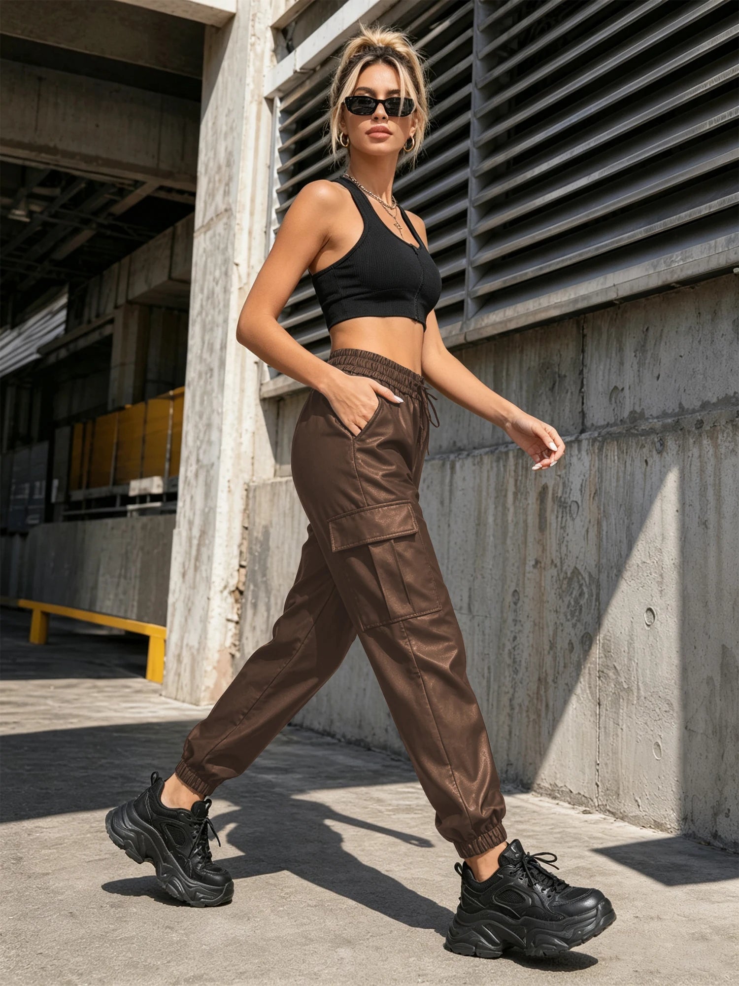 Women's  Pu Leather Cargo Joggers Pants Dressy Casual Silky Elastic High Waist Trousers