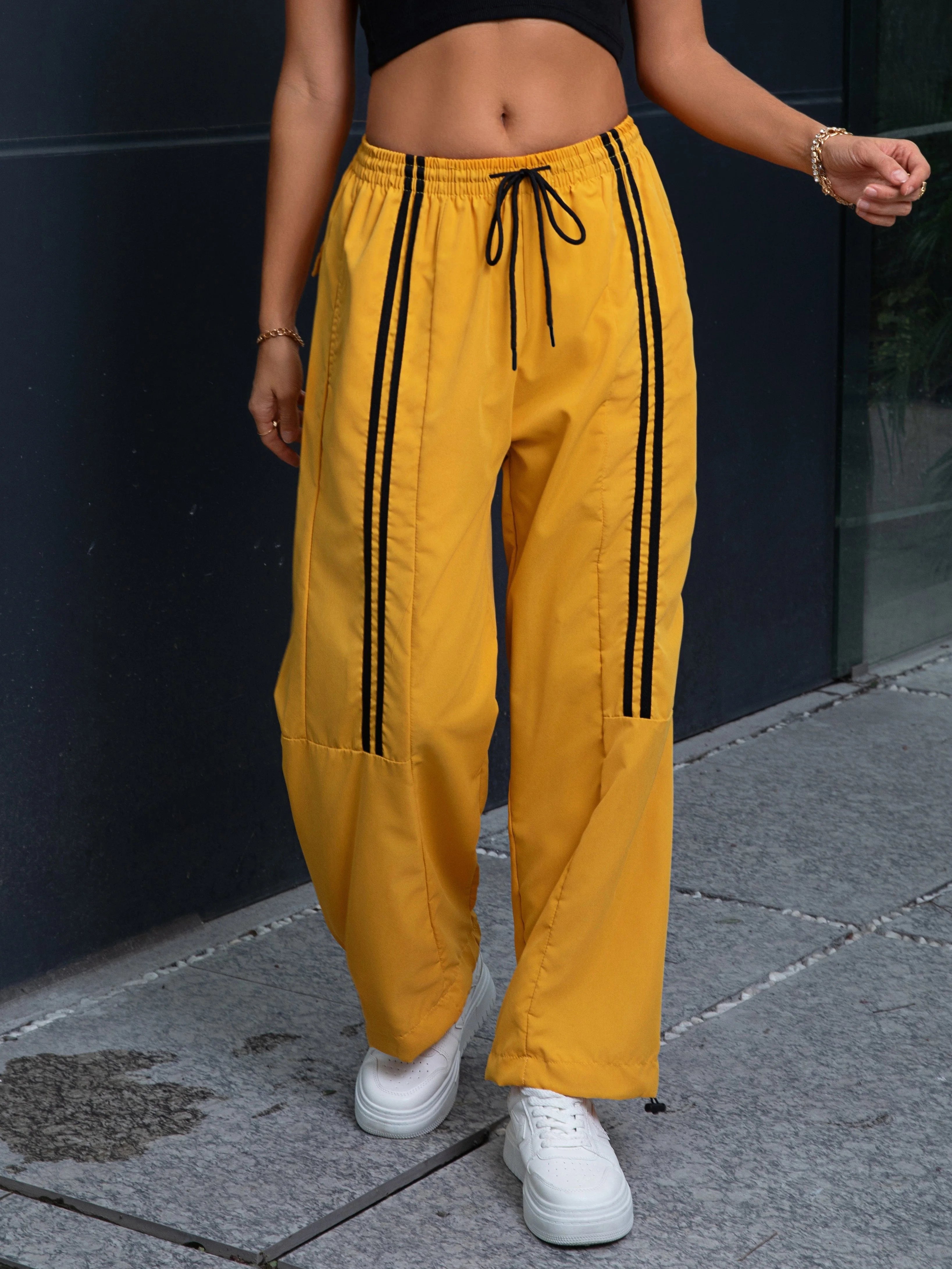 Black American High Street Color Block Striped Sports Pants Women Summer Thin New Breathable Quick Dry Casual Wide Leg Pants