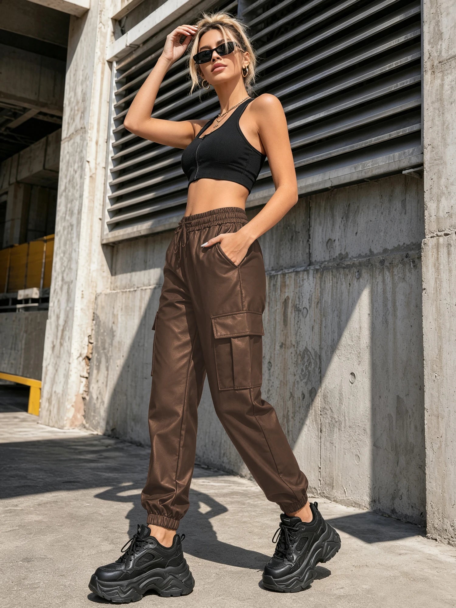 Women's  Pu Leather Cargo Joggers Pants Dressy Casual Silky Elastic High Waist Trousers