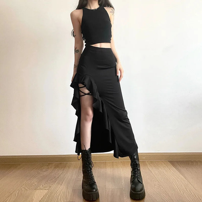 Women Spring Autumn Lace-up Slit Skirt Female Sexy Slim Wrap Hips Asymmetrical Skirts New Style Fashion Ankle-Length Midskirts