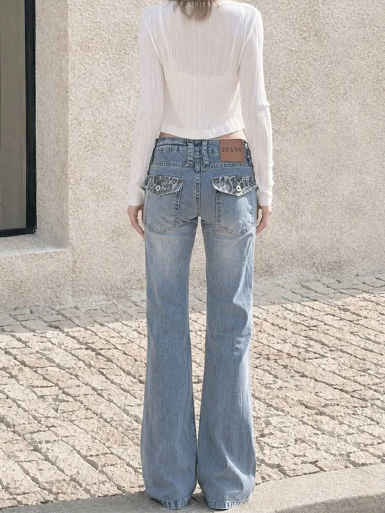 New retro light blue mid-waist women leopard print splicing design goth fashion high street casual slim flared pants
