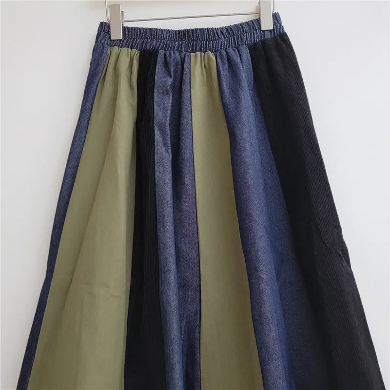 Retro Contrasting Color Plaid Splicing Skirt, Women's 2026 Autumn and Winter New High-waisted Versatile A-lime Big Swing Skirts