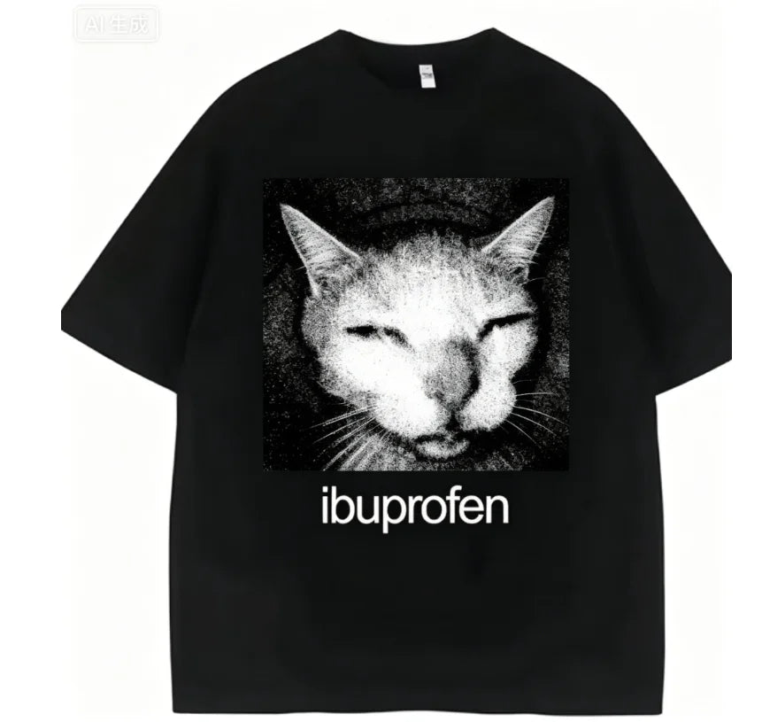 2026 Vintage Funny Ibuprofen Cat Meme Graphic T Shirt Men Women Humor Fashion T Shirts Oversized Casual Streetwear T-shirts