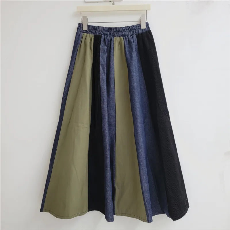 Retro Contrasting Color Plaid Splicing Skirt, Women's 2026 Autumn and Winter New High-waisted Versatile A-lime Big Swing Skirts