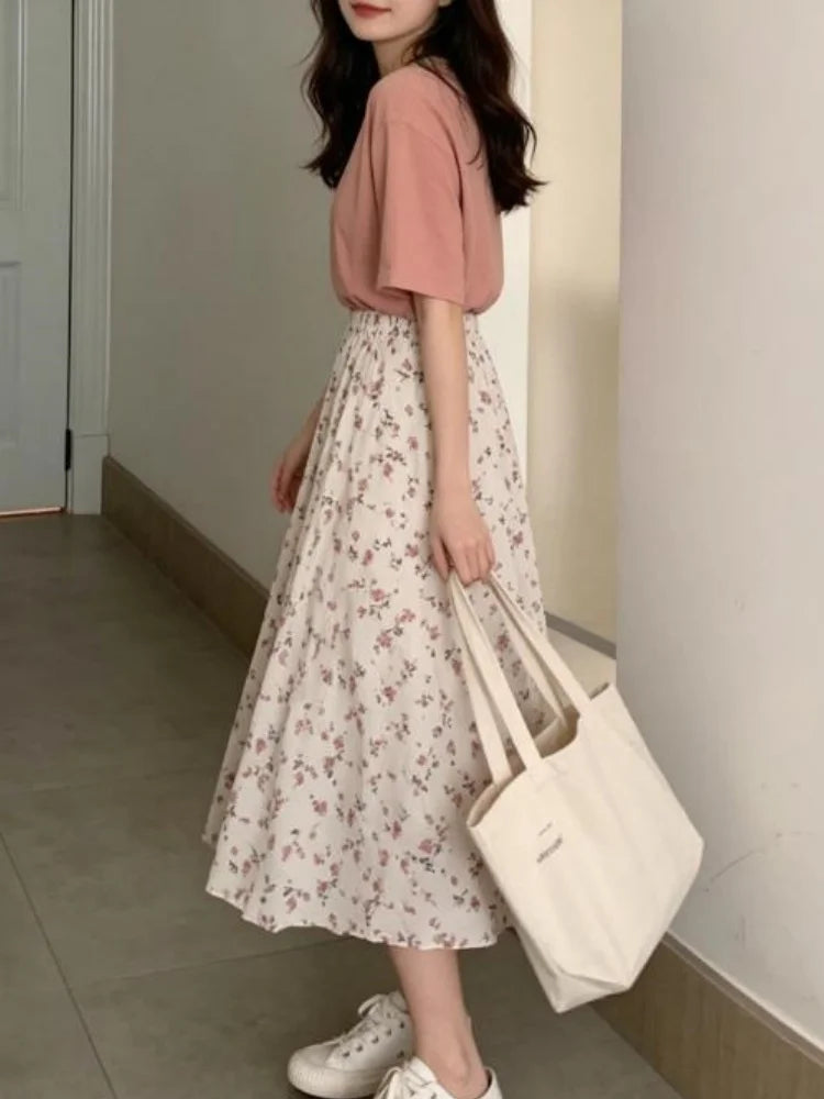 Vintage Floral Print A-line Pleated Long Skirts Summer Women 2026 Korean Skirt Streetwear Drawstring Elastic Waist Midi Skirt
